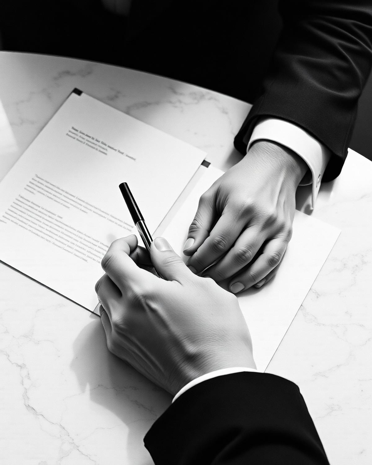 Signature d'un mandat sur un bureau en marbre