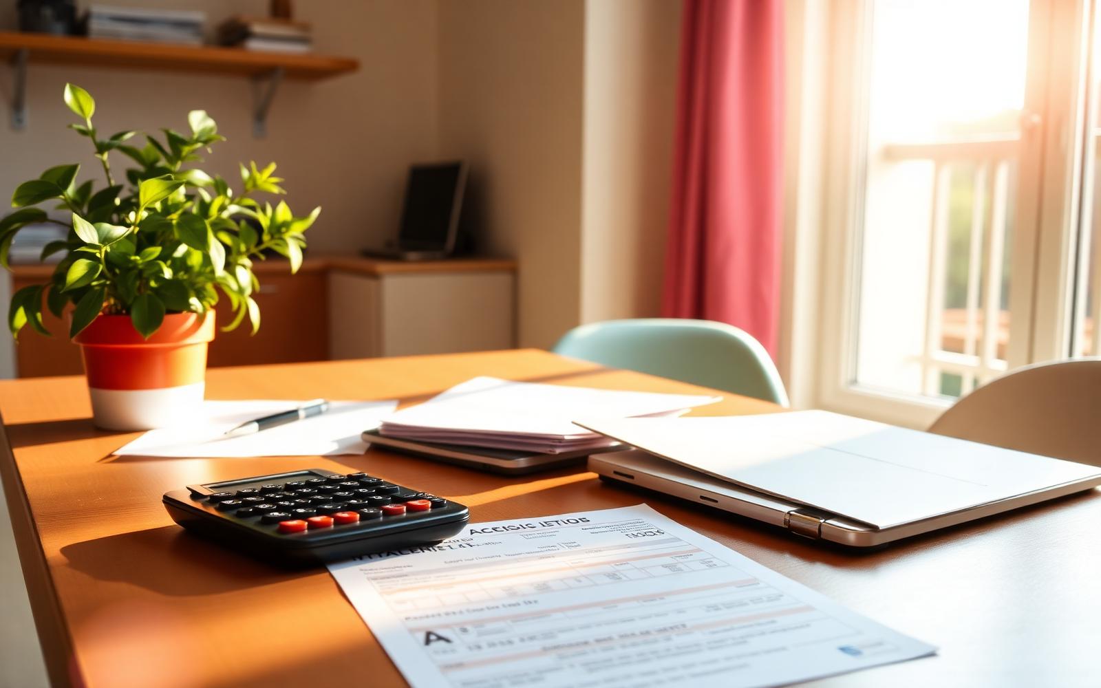 Déclaration de revenus, calculatrice et ordinateur portable sur une table ensoleillée